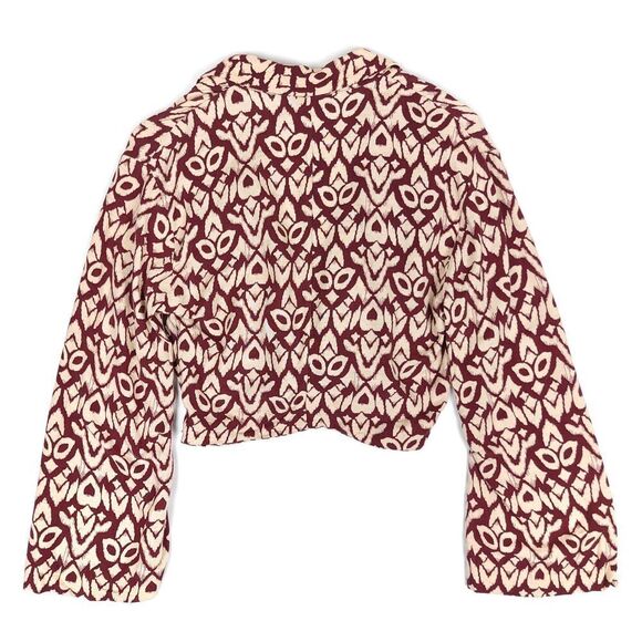 ZARA Linen Printed Wrap Blouse Crop Bell Sleeve Geometric Burgundy Cream XS - Picture 5 of 10